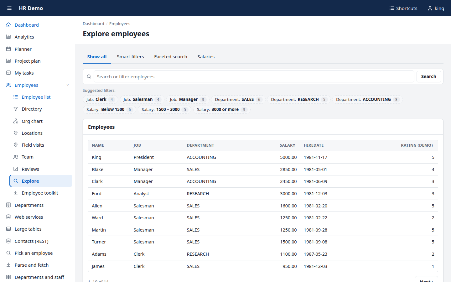 Smart filters and faceted search over a table