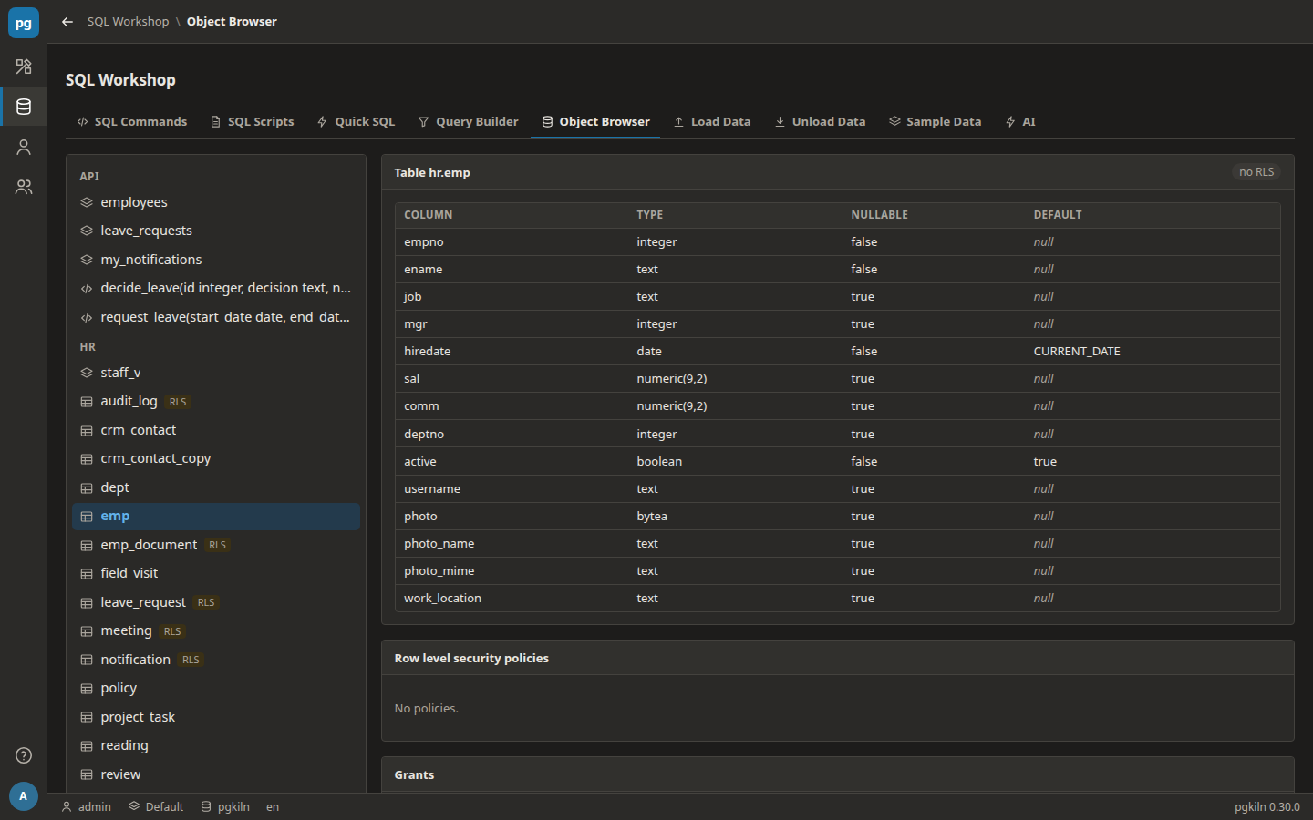 The SQL Workshop object browser